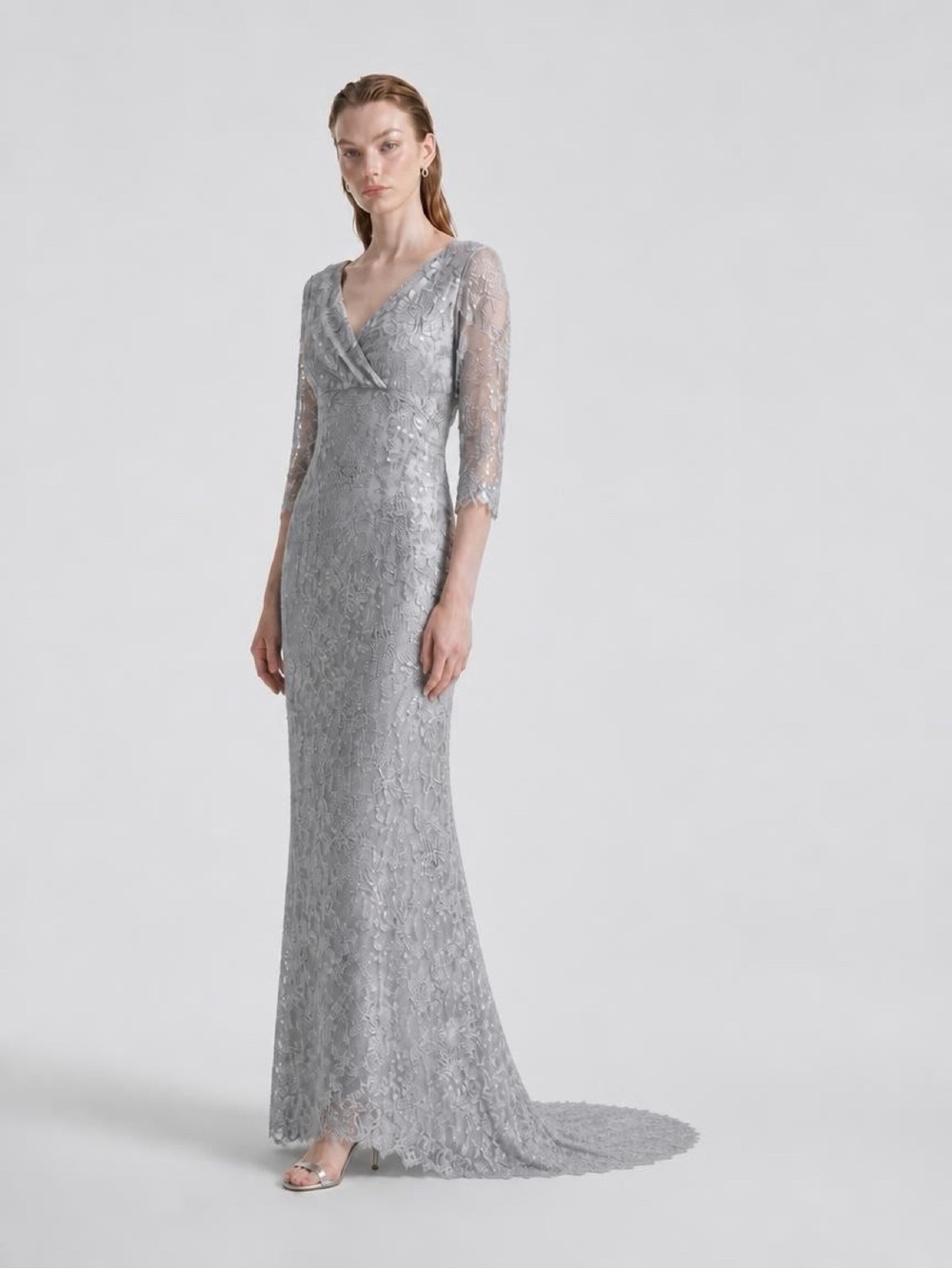 Silver bleuish  Lace V-Neck Long Sleeve Evening Dress